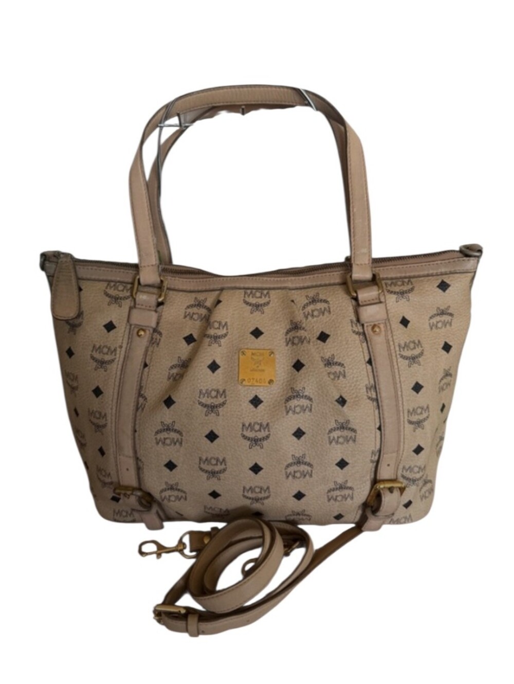 MCM Beige Monogram Canvas Tote with Gold Plaque